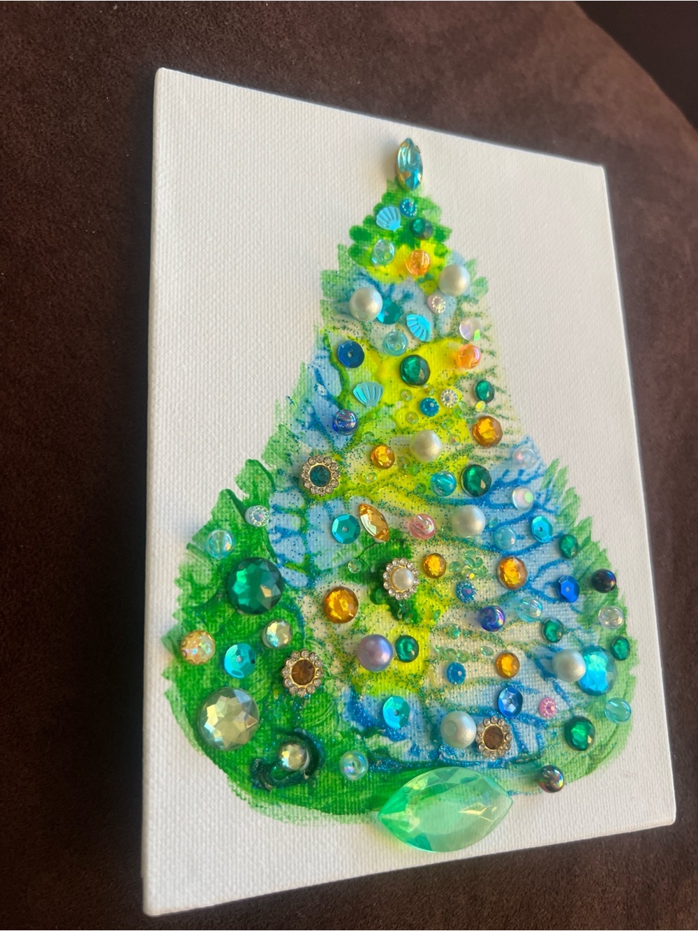 Handmade Blue & Green Jeweled Christmas Tree – 5x7 Original painting - Picture 5 of 8